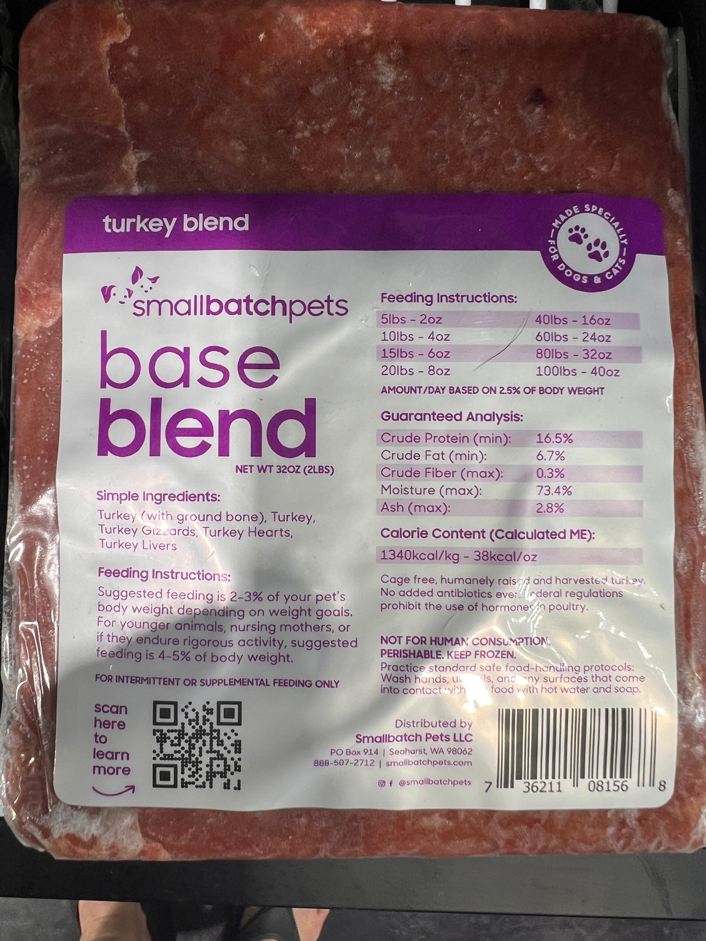 Small Batch - Raw Meat, Bone and Organ Only - Turkey 2Lb Brick No